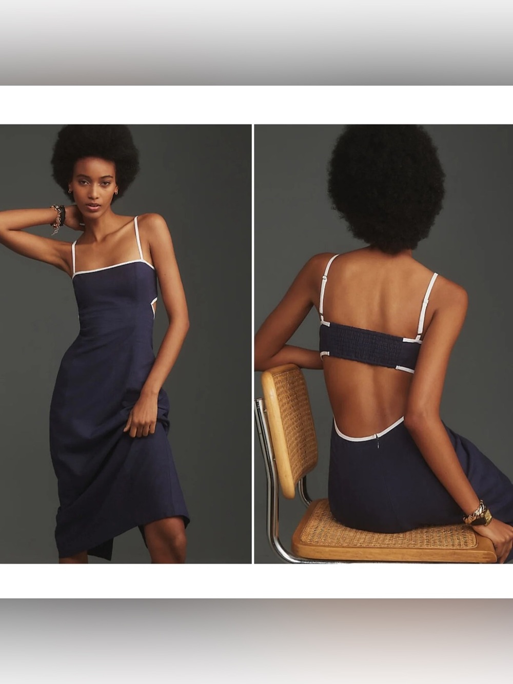 Anthropologie Maeve Navy Dress with White Trim and Open Back